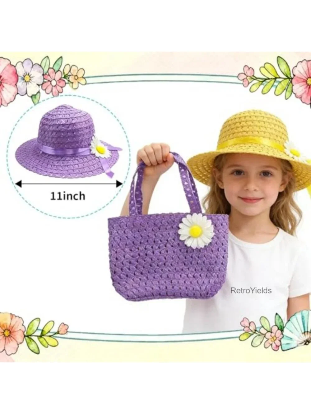 Girls Straw Sun Hat & Purse Set - 6 Pack Kids Tea Party Birthday Gift